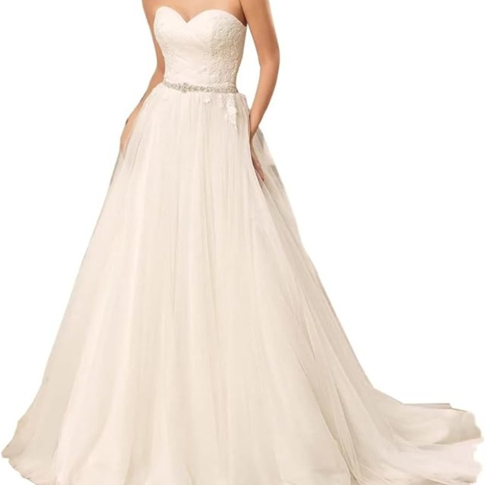 Wedding Dress, Ball Gown Crystal Rhinestone Belt Lace Up,Tulle Bride, ivory